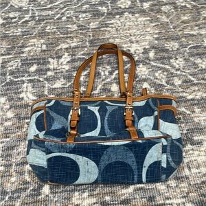 Coach Blue Patterned Denim Tote with Brown Leather Trim